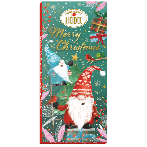 Heidel Christmas Gnome milk chocolate bar in a 3D embossed gift sleeve featuring a festive Santa gnome Christmas scene.