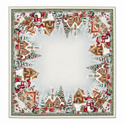 European Christmas tapestry centrepiece tablecloth with silver Lurex, Gingerbread Village design featuring gingerbread houses, snowmen, Christmas trees, gifts, and candy canes