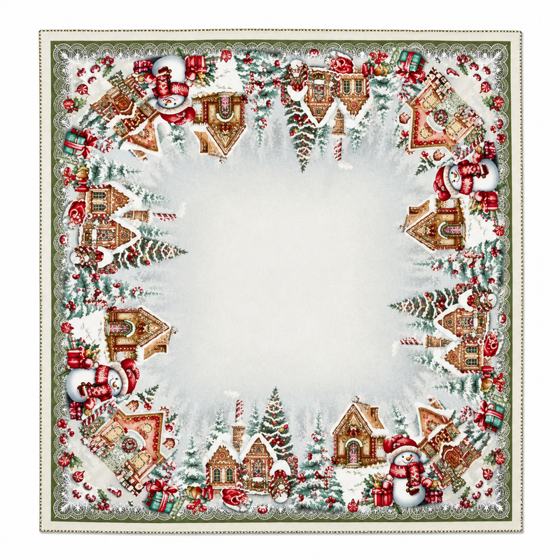 European Christmas tapestry centrepiece tablecloth with silver Lurex, Gingerbread Village design featuring gingerbread houses, snowmen, Christmas trees, gifts, and candy canes