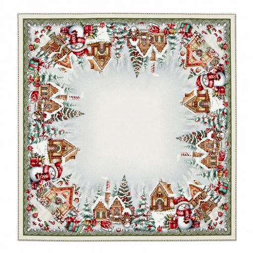 European Christmas tapestry centrepiece tablecloth with silver Lurex, Gingerbread Village design featuring gingerbread houses, snowmen, Christmas trees, gifts, and candy canes