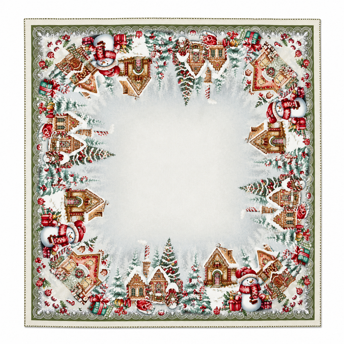 European Christmas tapestry centrepiece tablecloth with silver Lurex, Gingerbread Village design featuring gingerbread houses, snowmen, Christmas trees, gifts, and candy canes