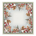 European Christmas tapestry centrepiece tablecloth with silver Lurex, Gingerbread Village design featuring gingerbread houses, snowmen, Christmas trees, gifts, and candy canes