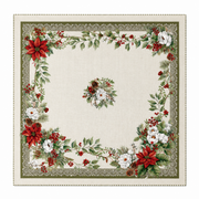 European Christmas Gobelin centrepiece tablecloth with poinsettia and white rose design, layered over a larger tablecloth