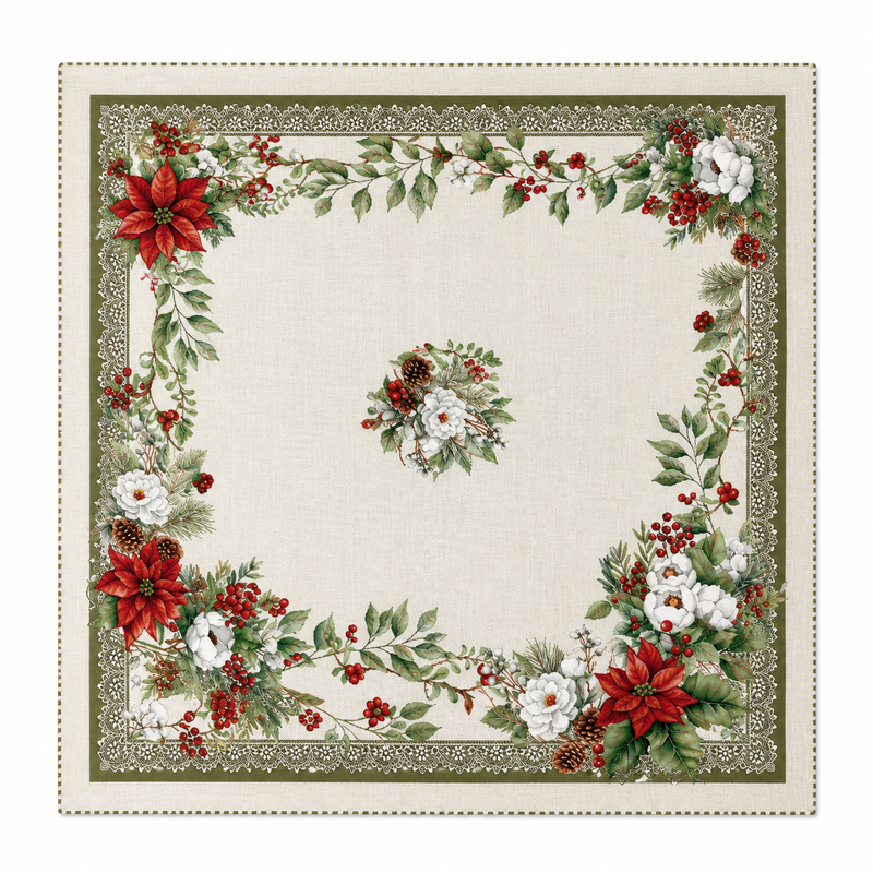 European Christmas Gobelin centrepiece tablecloth with poinsettia and white rose design, layered over a larger tablecloth