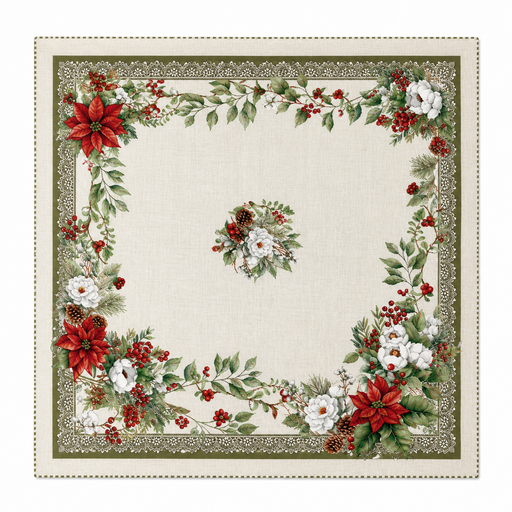 European Christmas Gobelin centrepiece tablecloth with poinsettia and white rose design, layered over a larger tablecloth