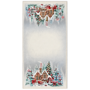 European Christmas tapestry table runner with silver Lurex, Gingerbread Village design, gingerbread houses, snowmen, Christmas trees, and candy canes