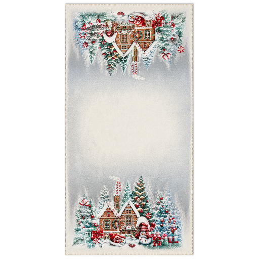European Christmas tapestry table runner with silver Lurex, Gingerbread Village design, gingerbread houses, snowmen, Christmas trees, and candy canes