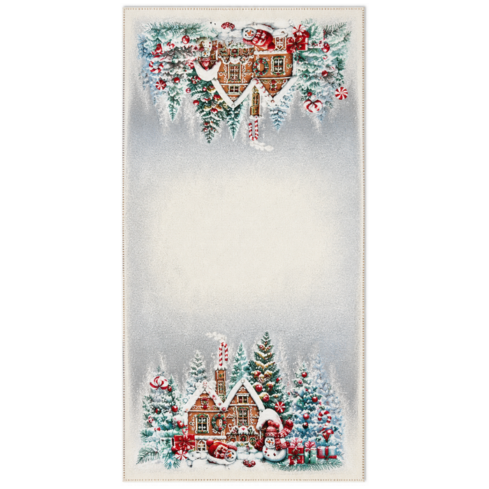 European Christmas tapestry table runner with silver Lurex, Gingerbread Village design, gingerbread houses, snowmen, Christmas trees, and candy canes