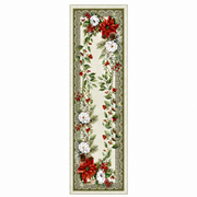 European Christmas Gobelin table runner with poinsettia and white rose design, tartan border, made in Italy