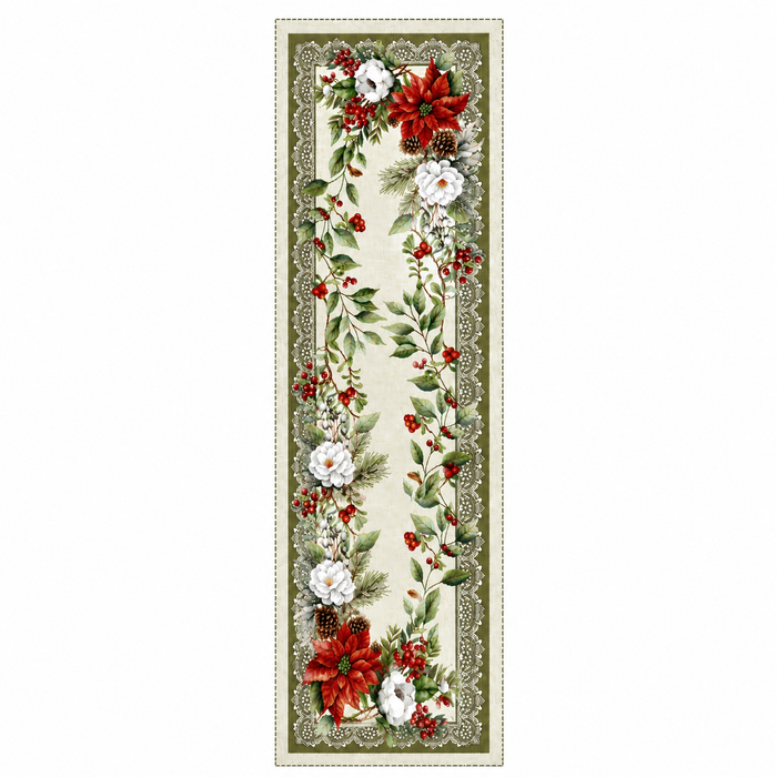 European Christmas Gobelin table runner with poinsettia and white rose design, tartan border, made in Italy