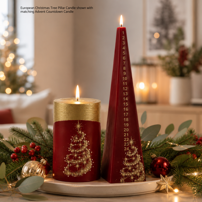 European Christmas Tree pillar candle with gold tree design coordinating with matching Advent countdown candle