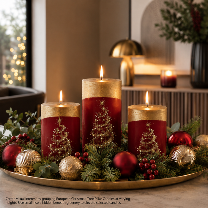 European Christmas Tree pillar candle with gold tree design coordinating with matching Advent countdown candle