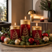 European Christmas Tree pillar candle with gold tree design coordinating with matching Advent countdown candle
