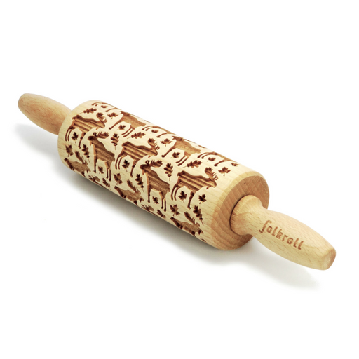 Gingerbread World European Christmas Market - Folkroll Engraved Wooden Rolling Pin - Moose and Maple Leaves FKL53001