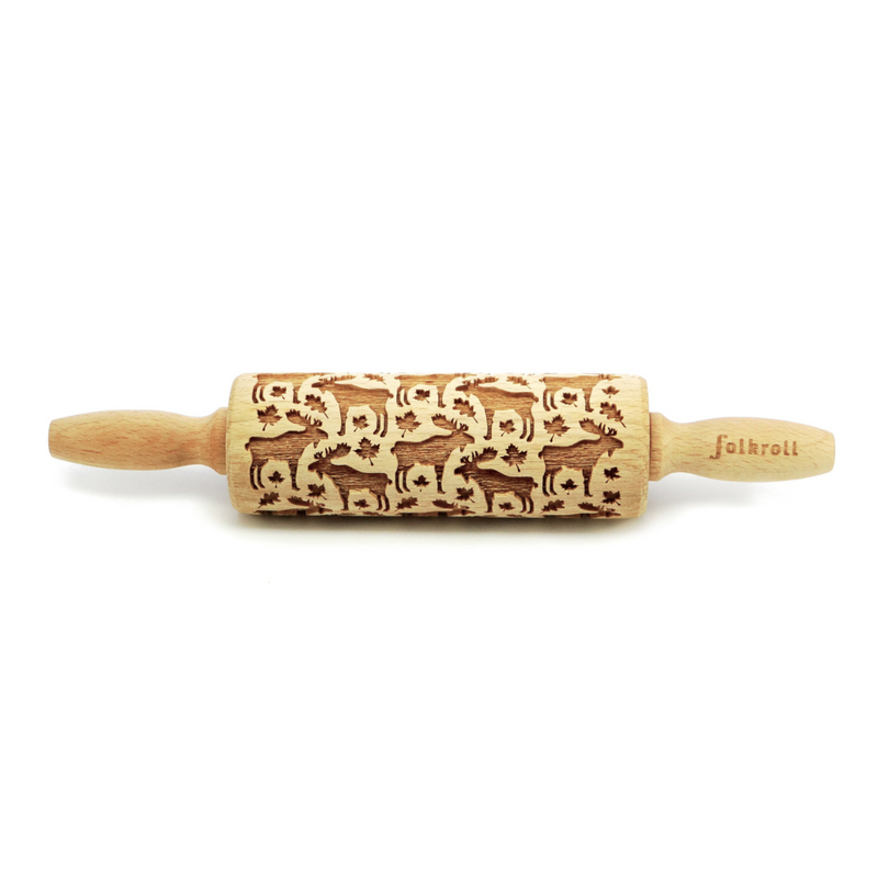 Gingerbread World European Christmas Market - Folkroll Engraved Wooden Rolling Pin - Moose and Maple Leaves FKL53001