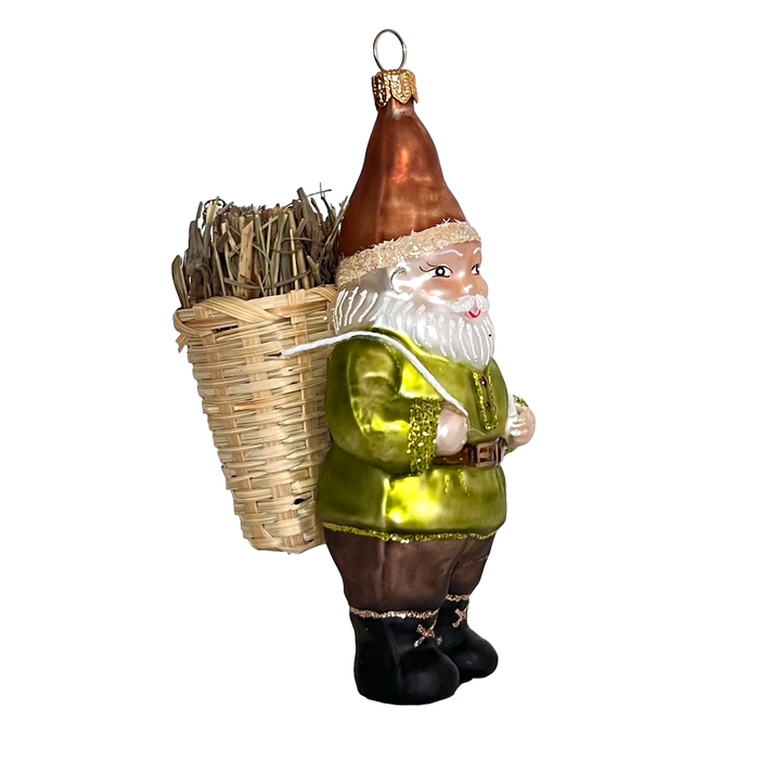 Gingerbread World European Christmas Market - Hanco Blown Glass Ornament Gnome with Wicker Basket Backpack