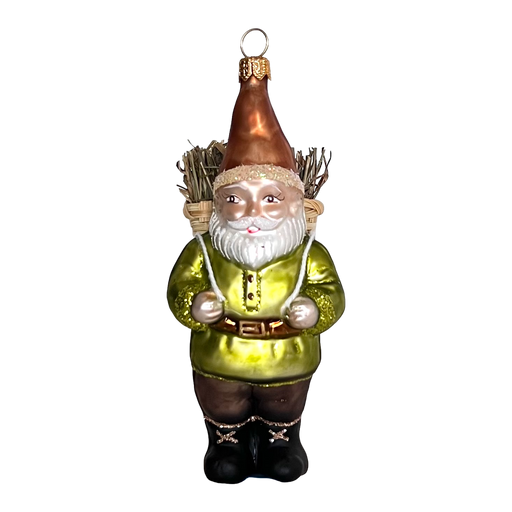 Gingerbread World European Christmas Market - Hanco Blown Glass Ornament Gnome with Wicker Basket Backpack - 