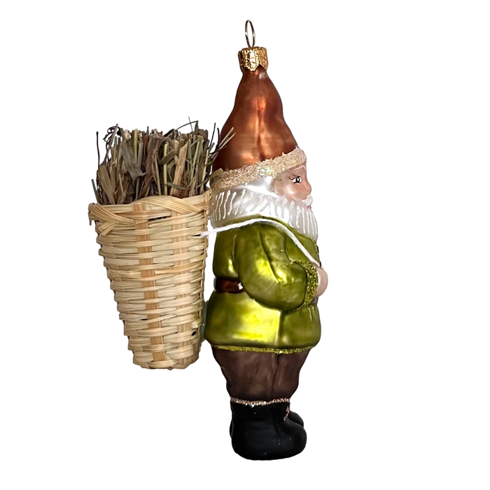 Gingerbread World European Christmas Market - Hanco Blown Glass Ornament Gnome with Wicker Basket Backpack