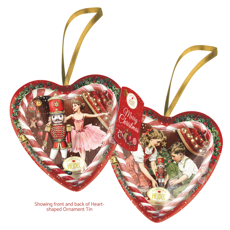 Heidel Fairy Tale Chocolate Gift Tin Christmas Heart with Nutcracker-inspired keepsake design and German chocolate pralines.