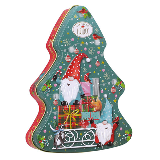 Heidel Christmas Gnome Christmas tree-shaped embossed metal gift tin filled with German milk chocolate pralines.