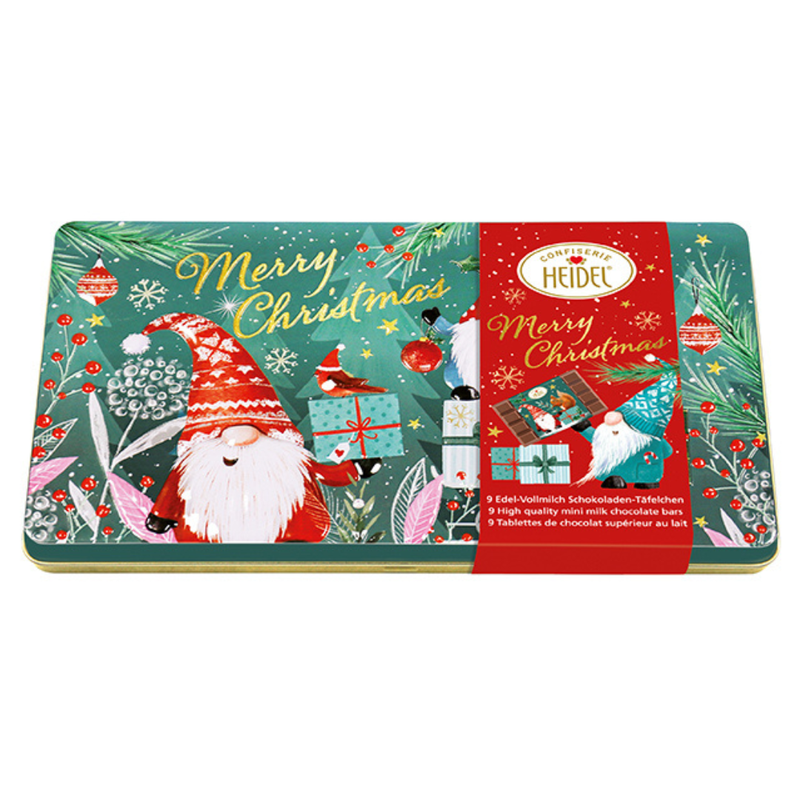 Heidel Christmas Gnome embossed metal gift tin featuring a festive Christmas gnome scene and filled with individually wrapped mini milk chocolate bars.