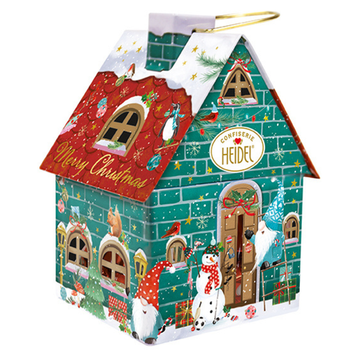 Heidel Christmas Gnome embossed metal gift tin shaped like a festive gnome cottage with removable roof, wire handle, and assorted German chocolates inside.