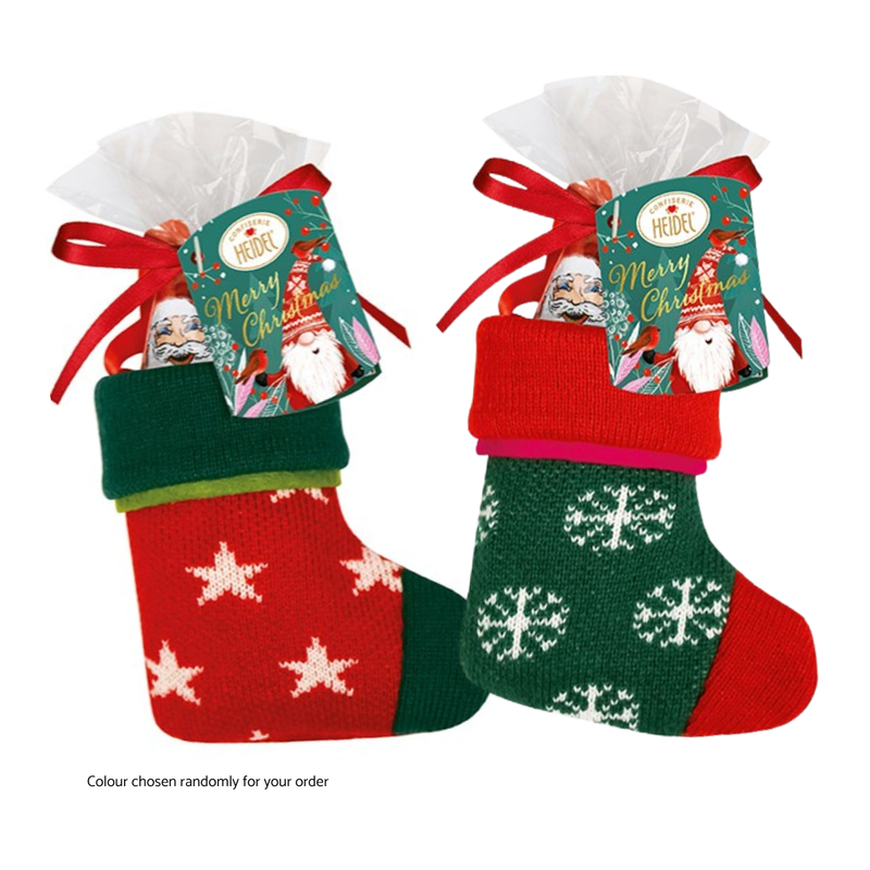 Heidel Christmas Gnome mini stocking with festive knit-look design filled with individually wrapped German milk chocolate bars and milk chocolate pralines.