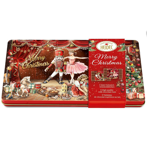 Heidel Fairy Tale embossed chocolate gift tin with Nutcracker scene and nine individually wrapped German milk chocolate bars.