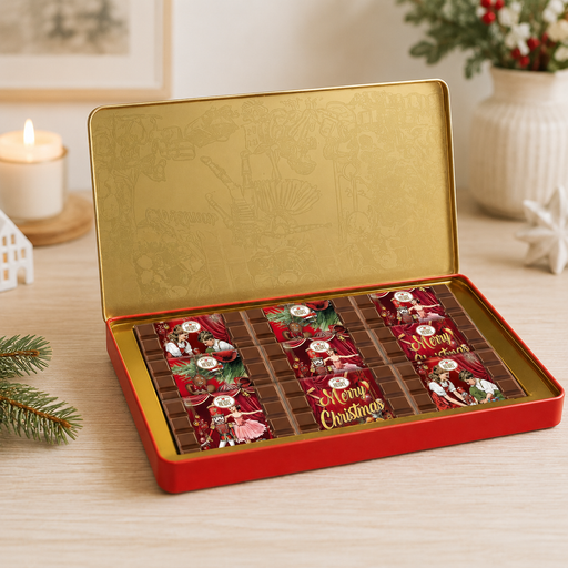 Heidel Fairy Tale embossed chocolate gift tin with Nutcracker scene and nine individually wrapped German milk chocolate bars.