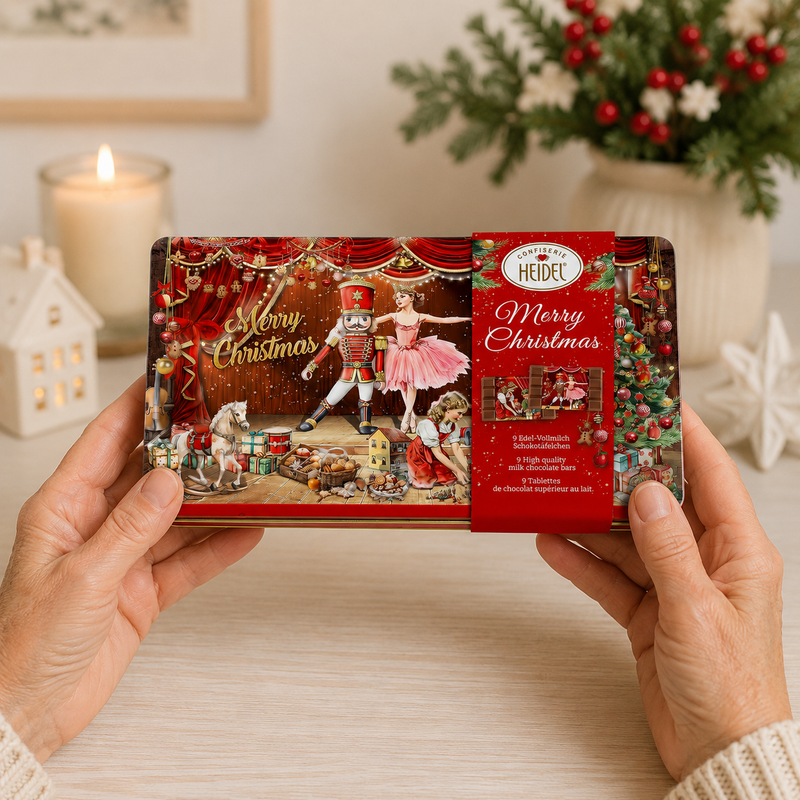 Heidel Fairy Tale embossed chocolate gift tin with Nutcracker scene and nine individually wrapped German milk chocolate bars.