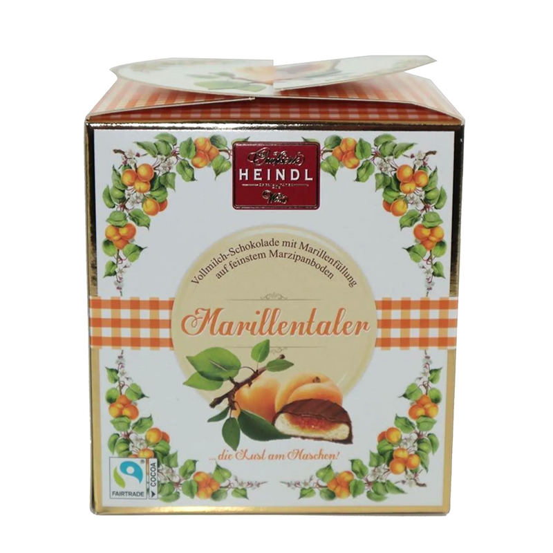 Heindl Marillentaler gift cube with individually wrapped milk chocolates filled with apricot and marzipan.
