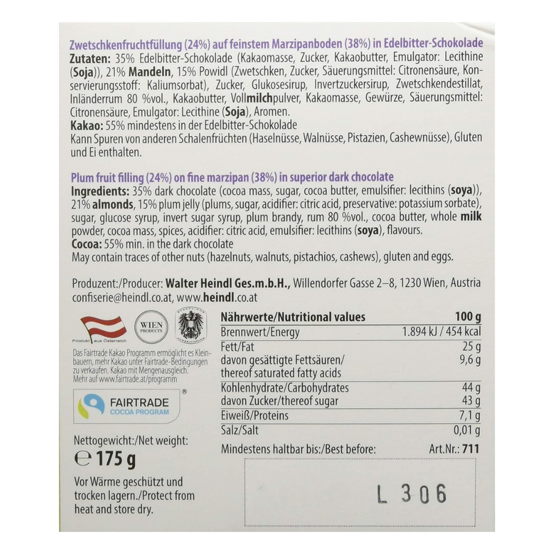 Heindl Powidltaler gift cube with individually wrapped dark chocolates filled with Austrian plum preserve and marzipan.