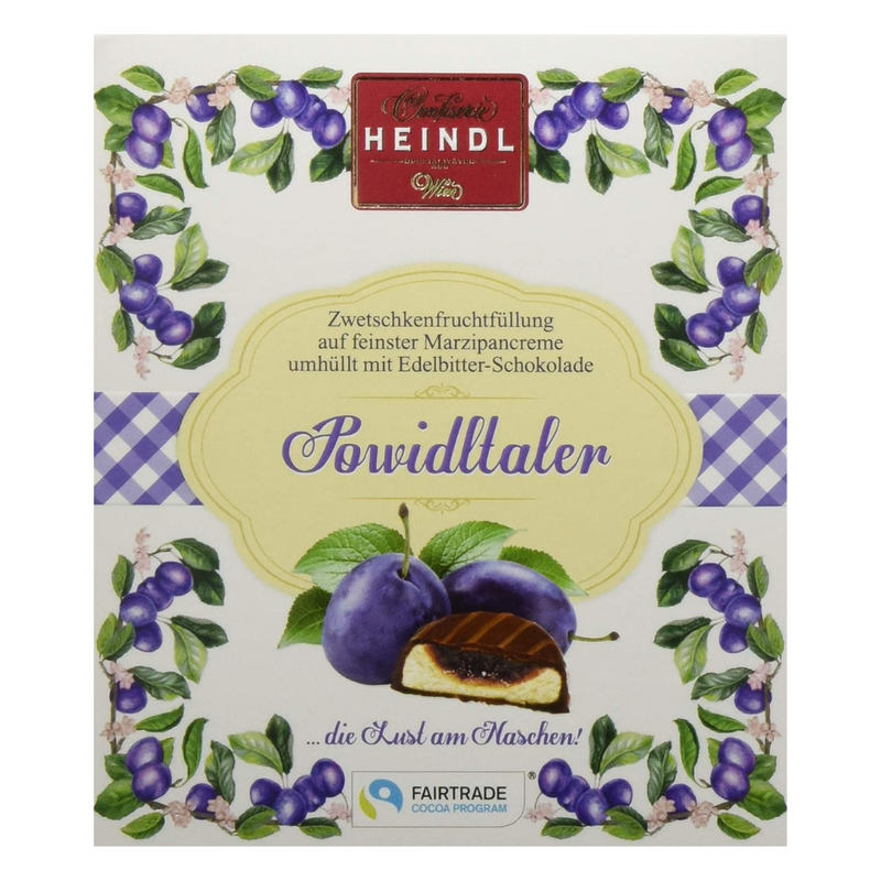 Heindl Powidltaler gift cube with individually wrapped dark chocolates filled with Austrian plum preserve and marzipan.