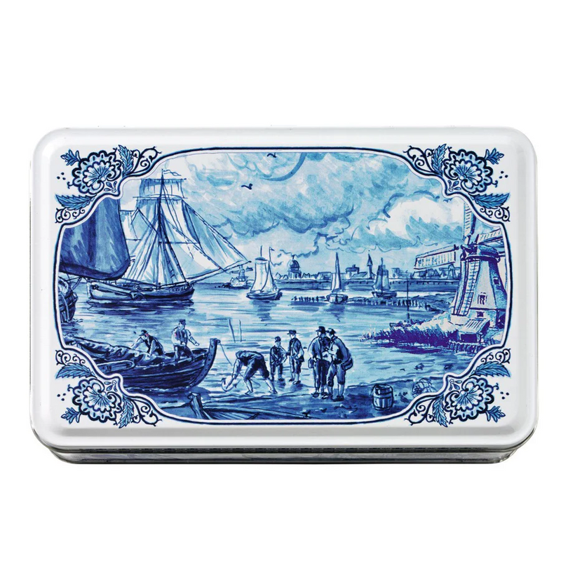 Hellema Spekulatius (Speculoos) spiced biscuits in a decorative Delft Blue collectible gift tin.