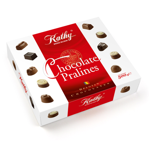 Confiserie Kathy Belgian Assorted Chocolate Pralines Gift Box with assorted milk, dark, and white chocolate pralines in a 500 g gift box.