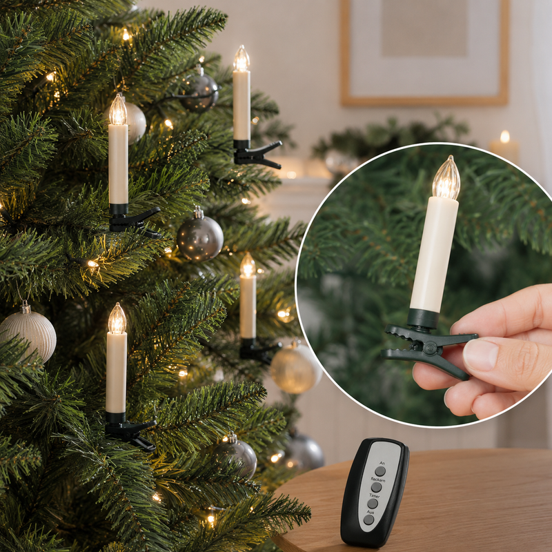Set of twenty 3.5-inch wireless LED clip-on Christmas tree candles with remote control, warm white light, and 6-hour timer for large Christmas trees