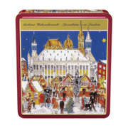 Lambertz Lebkuchen Christmas Market Gift Tin featuring an Aachen Christmas Market illustration and an assortment of authentic German Christmas cookies.