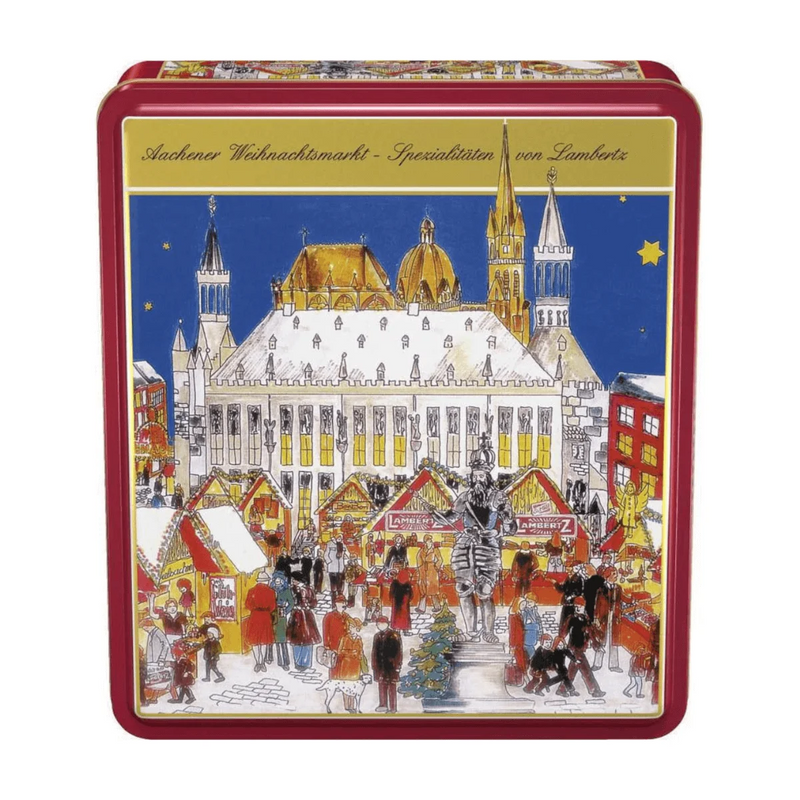 Lambertz Lebkuchen Christmas Market Gift Tin featuring an Aachen Christmas Market illustration and an assortment of authentic German Christmas cookies.