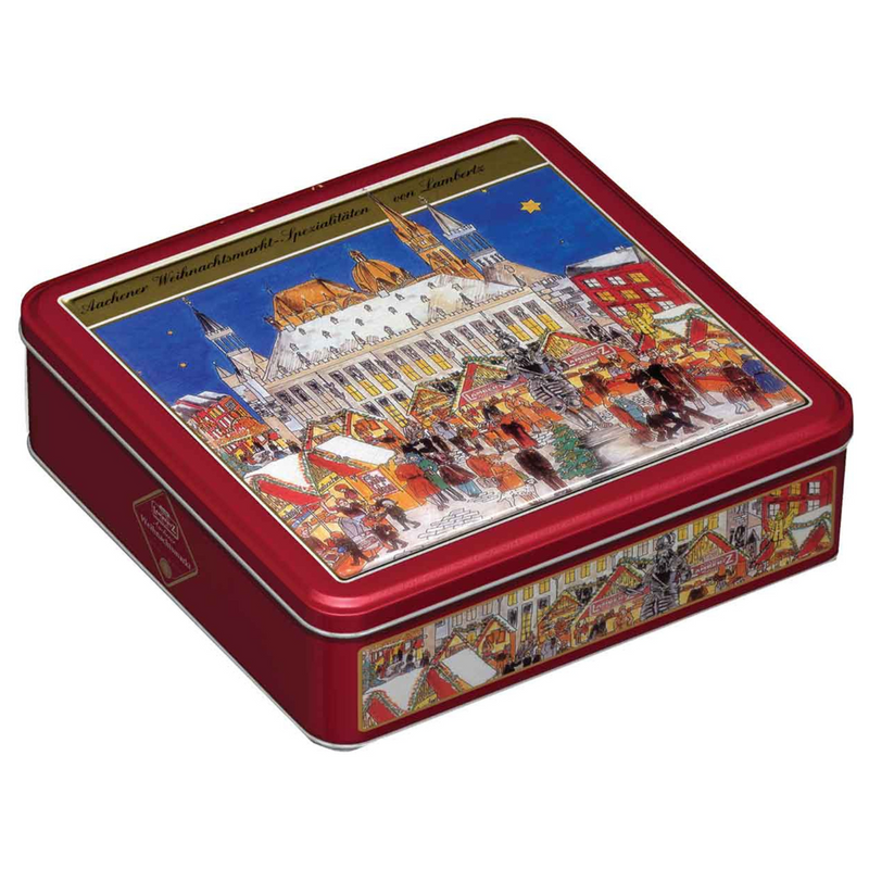 Lambertz Lebkuchen Christmas Market Gift Tin featuring an Aachen Christmas Market illustration and an assortment of authentic German Christmas cookies.
