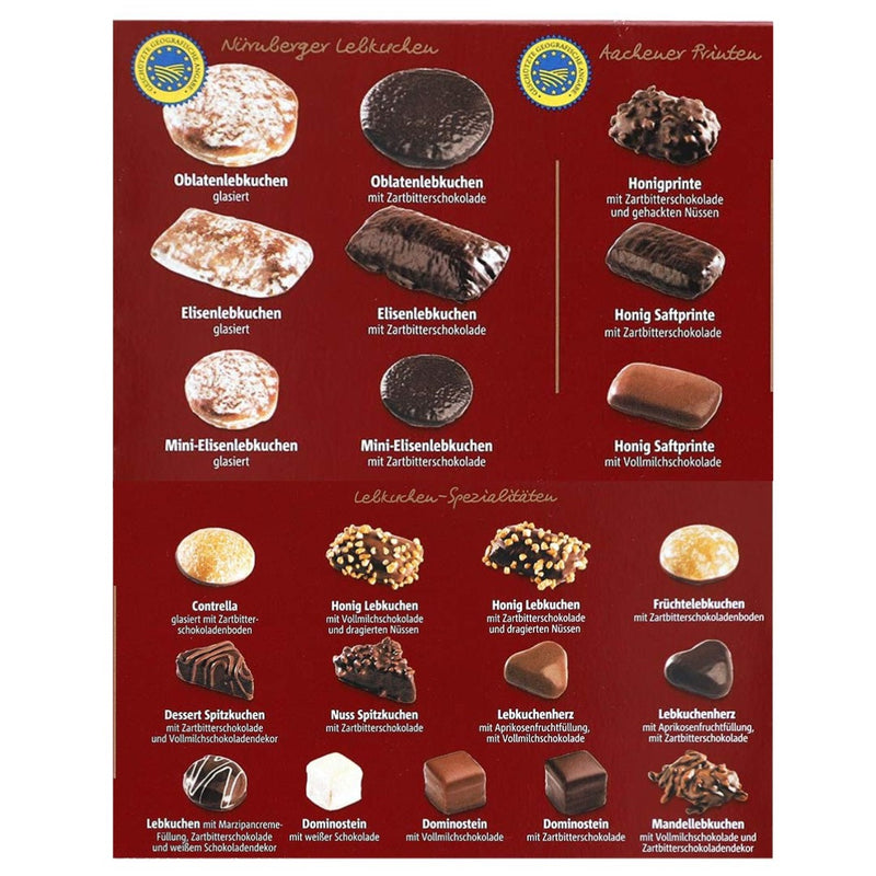 Lambertz Lebkuchen Traditional Assortment gift box with 22 authentic German Christmas cookies and pastries imported from Germany.