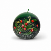 European Green Holly Christmas ball and pillar candles displayed with matching Green Holly Advent countdown candle