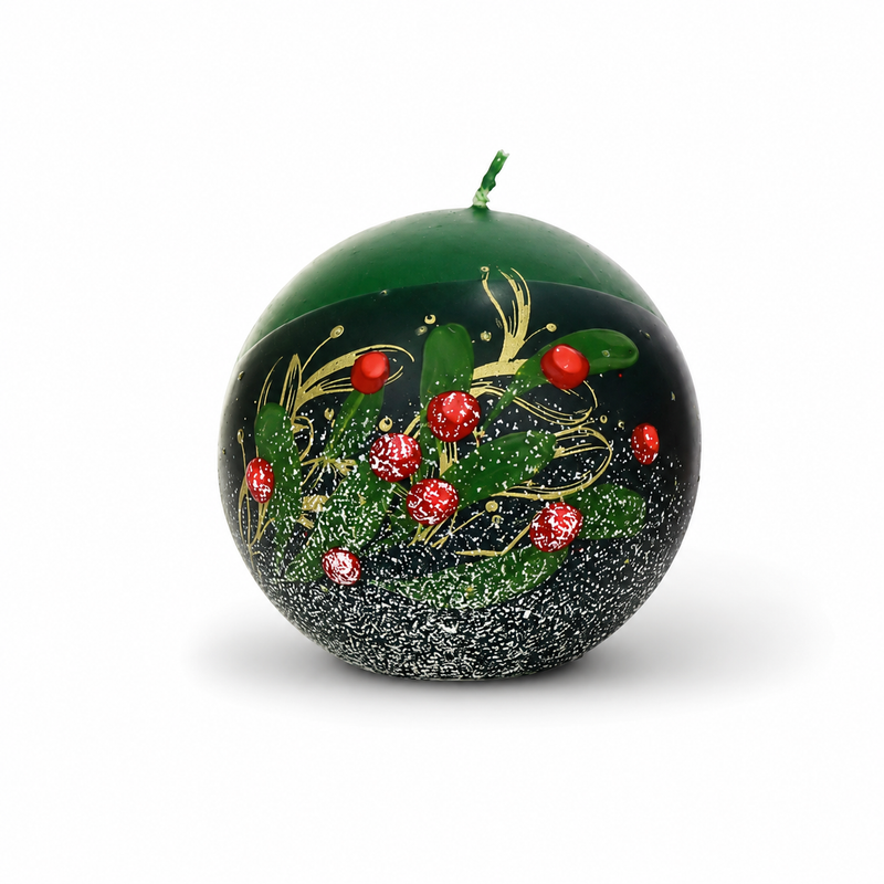 European Green Holly Christmas ball and pillar candles displayed with matching Green Holly Advent countdown candle