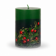 European Green Holly Christmas ball and pillar candles displayed with matching Green Holly Advent countdown candle