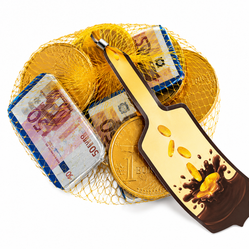European milk chocolate coins and Euro banknotes in a 100 g net bag for Saint Nicholas Day and Christmas – Gingerbread World European Christmas