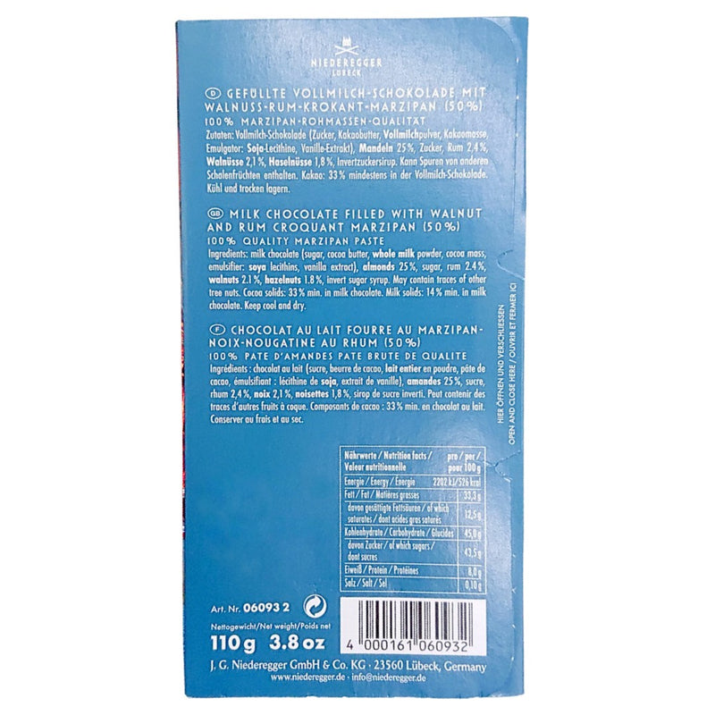 Niederegger Walnut and Rum Lübeck Marzipan Bar in Milk Chocolate made with authentic Lübeck marzipan and crunchy walnut croquant.
