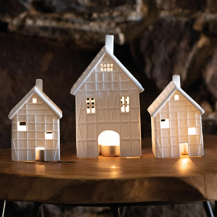 Gingerbread World European Christmas Market - Rader Design Stories - Porcelain Tealight Half Timbered Style House Small 15115 and Large 15116