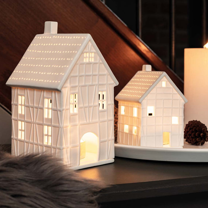 Gingerbread World European Christmas Market - Rader Design Stories - Porcelain Tealight Half Timbered Style House Small 15115 and Large 15116