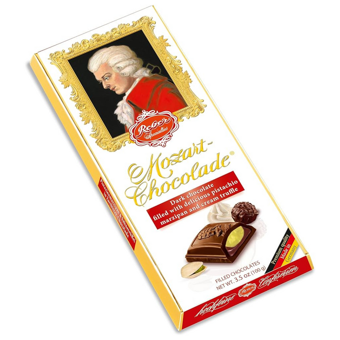 Gingerbread World European Christmas Market - Reber Mozart Kugeln Dark Chocolate Bar with Pistachio Marzipan and Cream Truffle