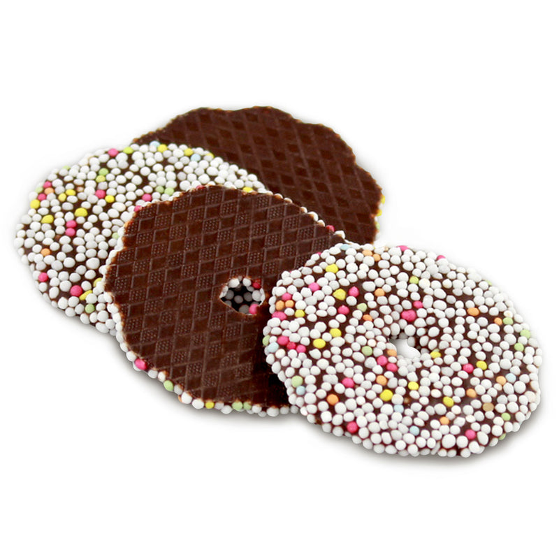 Schluckwerder German chocolate wreaths (Schokoladenkränze) made with dark chocolate and colourful nonpareils.