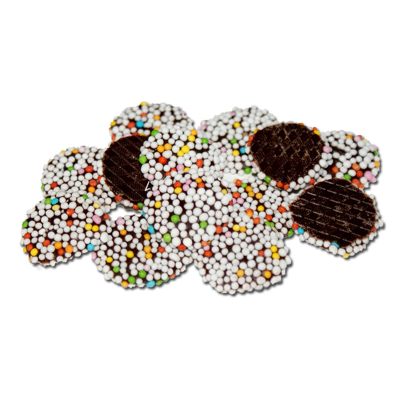 Schluckwerder German chocolate buttons (Schokoplätzchen) made with dark chocolate and white nonpareils.